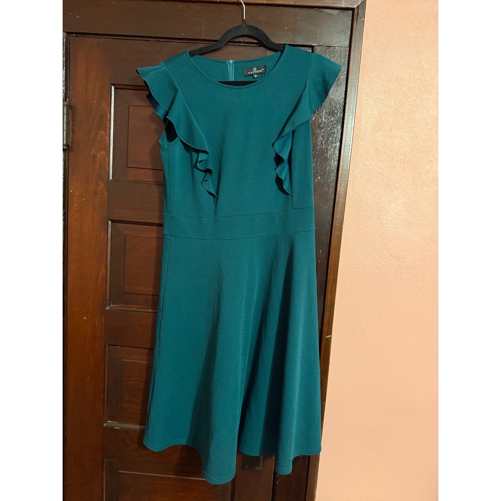 Yathon Teal Green Ruffle Fit and Flare Dress Sleeveless A-Line XL